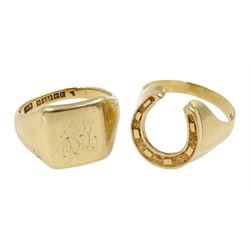 Gold horseshoe ring and signet ring, both hallmarked 9ct, approx 10.9gm