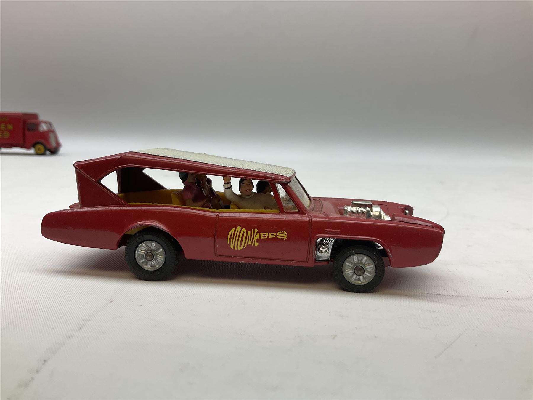Twenty unboxed and playworn die-cast models including Dinky Guy van Golden Shred, Buick Riviera, Austin A105, Hillman Imp etc; Corgi Batmobile, Monkeemobile, Man From Uncle Oldsmobile Super 88, Airborne Caravan, Ford Mustang etc; Spot-On Humber Super Snipe Estate car; Schuco Micro Racer 1038 clockwork Mercedes 220S etc