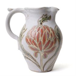 John Egerton (c1945-2024): studio pottery jug, decorated with artichoke on a blue ground, with mark beneath, H22cm 