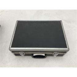 Alesis SR-16 drum machine, Neewer 48V phantom power supply, microphone stand, Genexxa microphone, quantity of jack to jack cables and other similar items