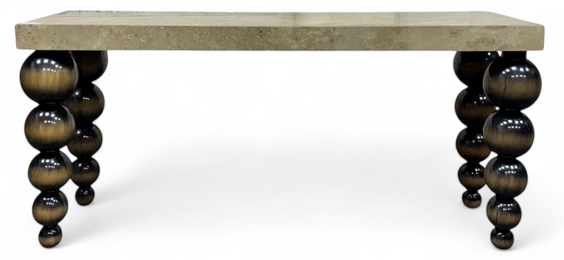 Bramley - contemporary Italian design Tivoli console table, marble top inset with gold crystals, supported by four stacked wooden supports in an antic brown lacquered finish