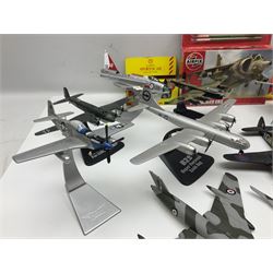 Thirteen unboxed Corgi Aviation Archive or similar die-cast models of aircraft, most with stands; Airfix 1:72 scale construction kit for BAe Harrier GR3; and two boxed Shell Collection die-cast models of cars