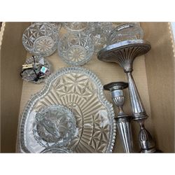 Art Deco style moulded clear glass dressing table set comprising tray, pair of candlesticks, lidded jars and dishes, together with a pair of silver-plate candlesticks, H27cm, and leather bag