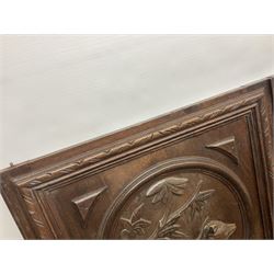Pair of oak furniture door panels, carved in relief with a fox to one and a hound to the other, together with a pair of smaller oak panels, carved in relief with a hare to one and a grouse to the other, doors W63.cm x H62cm, panels W43cm x H60cm