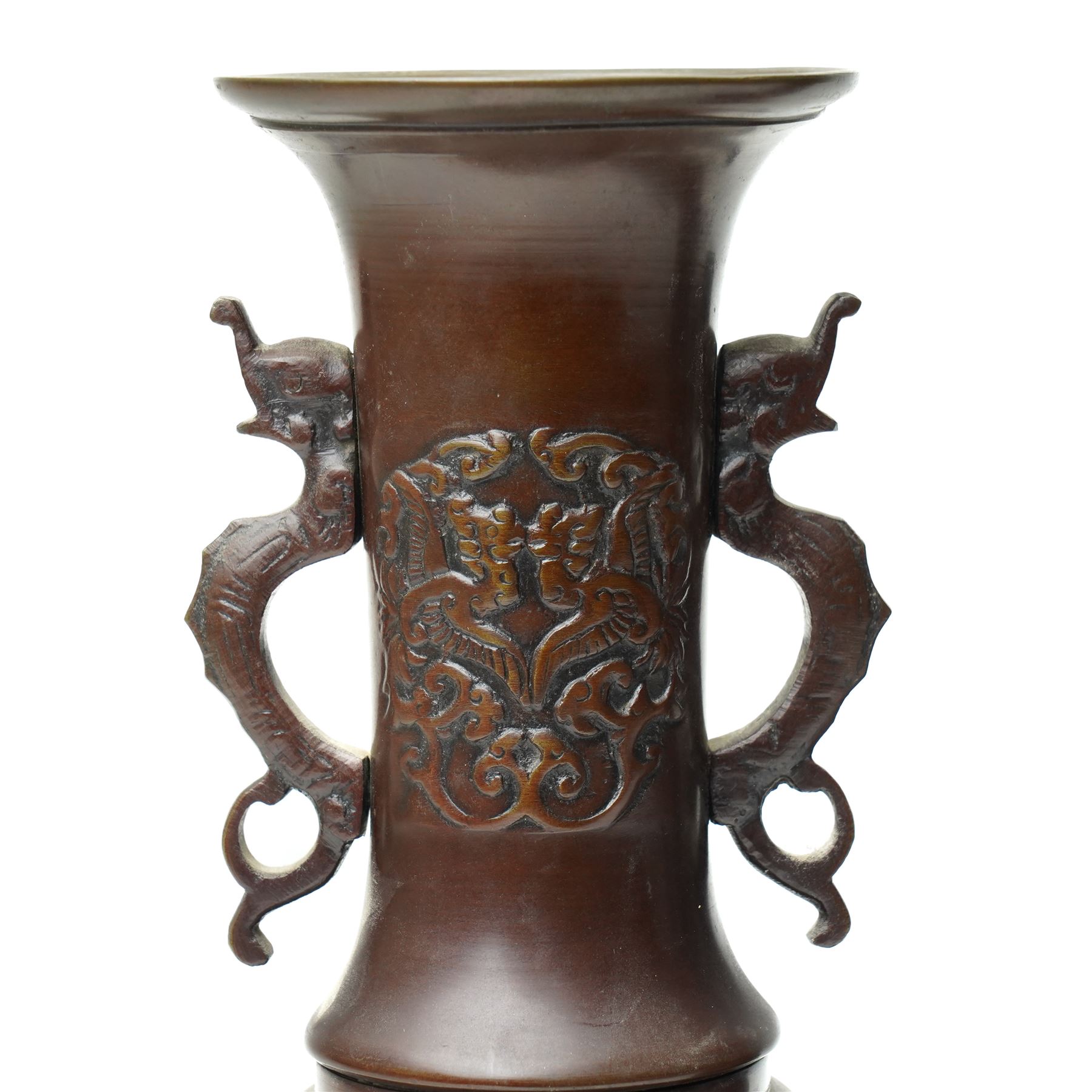 Pair of Japanese bronze vases, with twin handles in the form of dragons, decorated with flowers and traditional motifs to the neck and body, H31cm (2)