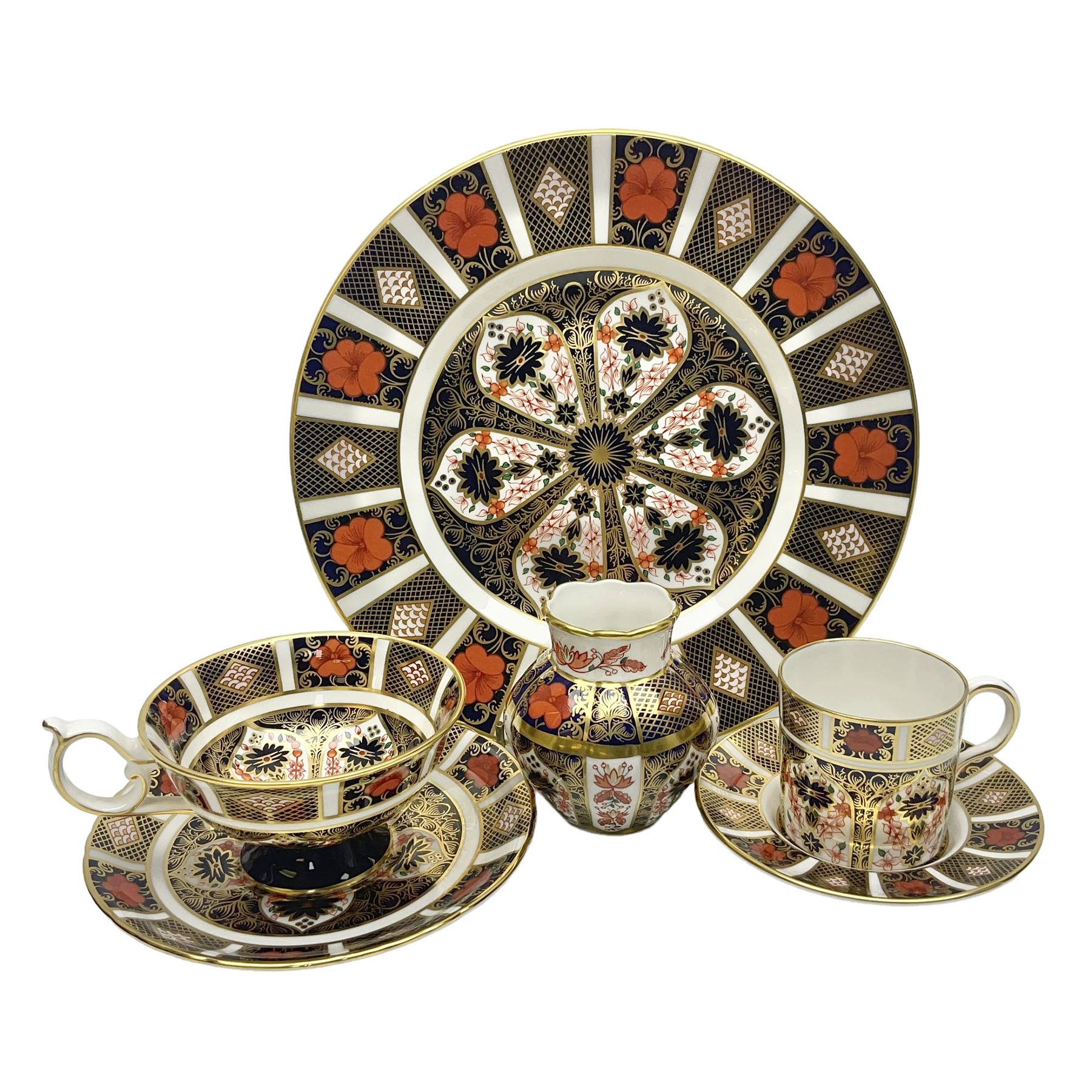 Royal Crown Derby Old Imari pattern miniature vase, coffee can and saucer, teacup and saucer and plate, all with printed mark beneath, vase H8cm 