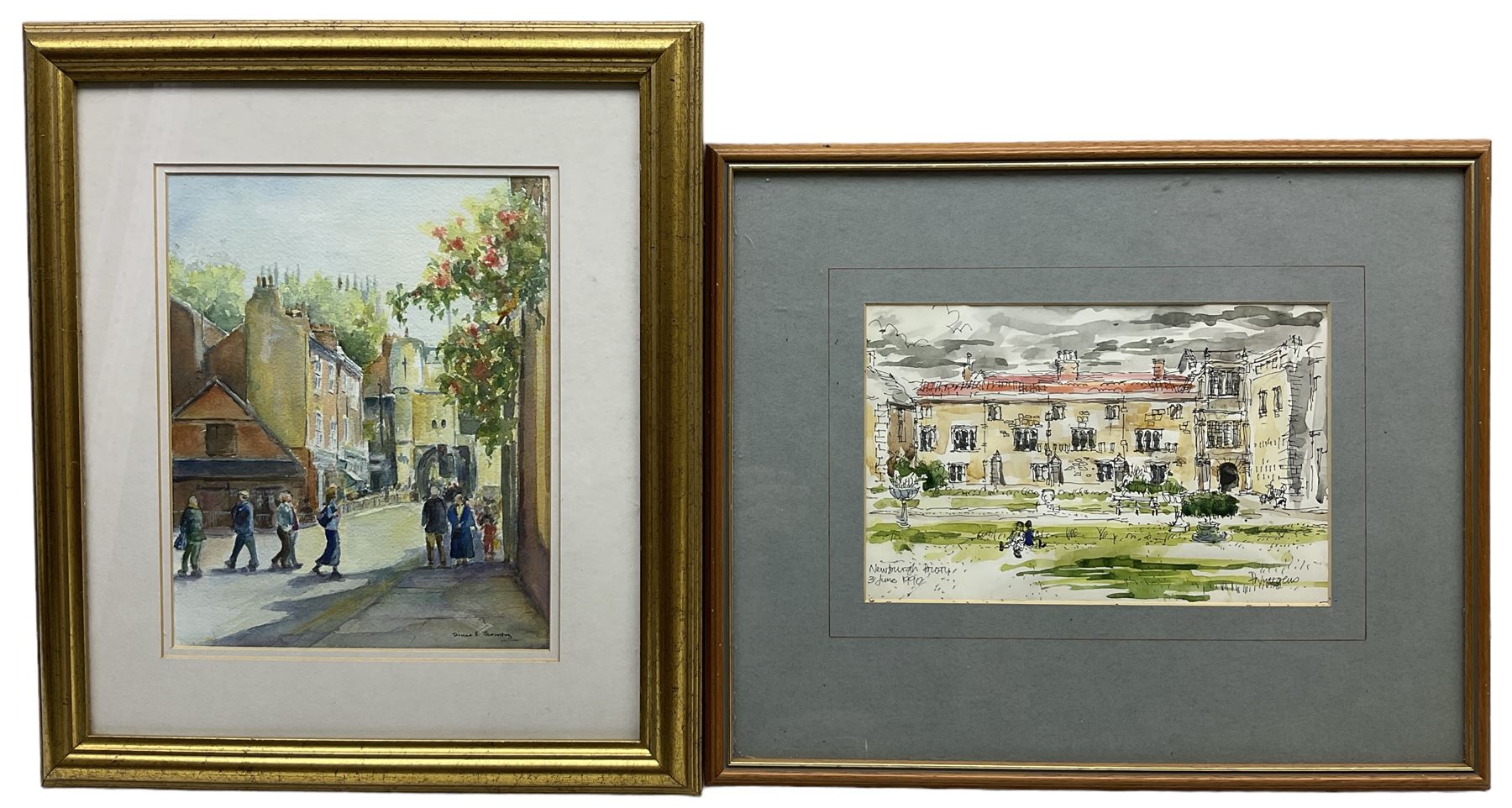 Diane E Thornton (British 1949-): 'Bootham York', watercolour signed 25cm x 20cm.  Patrick John Nuttgens CBE (British 1930-2004): 'Newburgh Priory', pen and colour washes signed titled and dated 3rd June 1990, 16cm x 25cm (2)