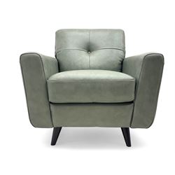 DFS - contemporary 'Camper' two seat sofa, upholstered in French grey leather with button back detailing, on splayed supports (W144cm, D84cm, H76cm); matching armchair (W90cm, D84cm, H76cm)