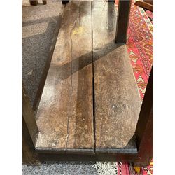 18th century oak dresser base, moulded rectangular top over two drawers and shaped apron, moulded drawer fronts fitted with shaped brass handle plates and swan neck handles, on chamfered square supports united by pot board base 