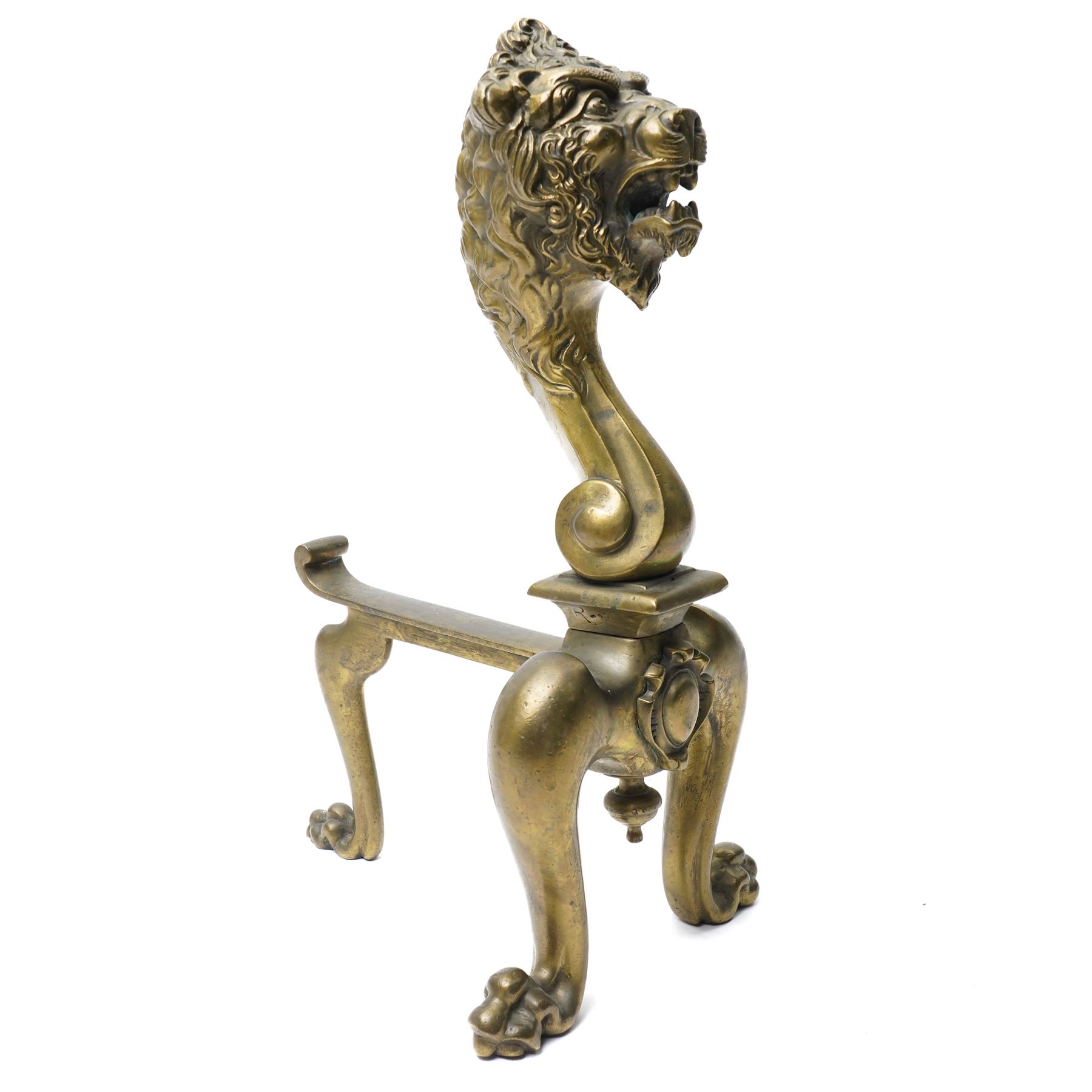 Pair of late 19th/early 20th century cast bronze fire dogs with lion masks and paw feet H37cm