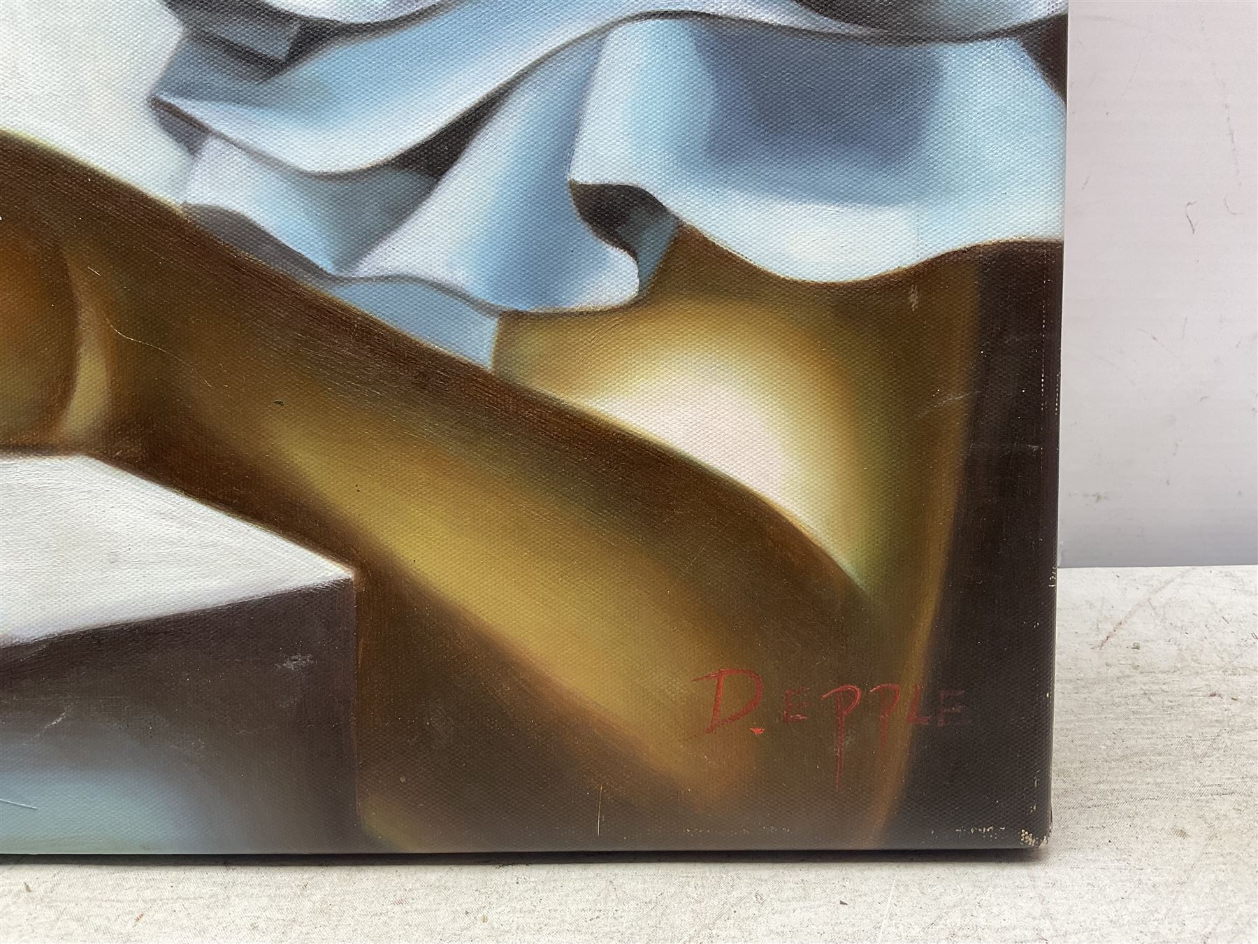 After Tamara de Lempicka (Polish 1898-1980): 'Wide Brimmed Hat', acrylic on canvas signed 'D Epple', titled verso 61cm x 51cm (unframed)