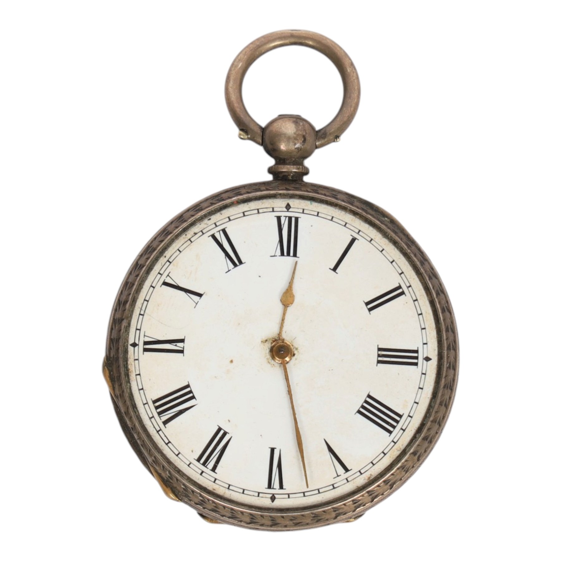 Three pocket watches, comprising silver open faced example, silver fob watch and a brass open faced example