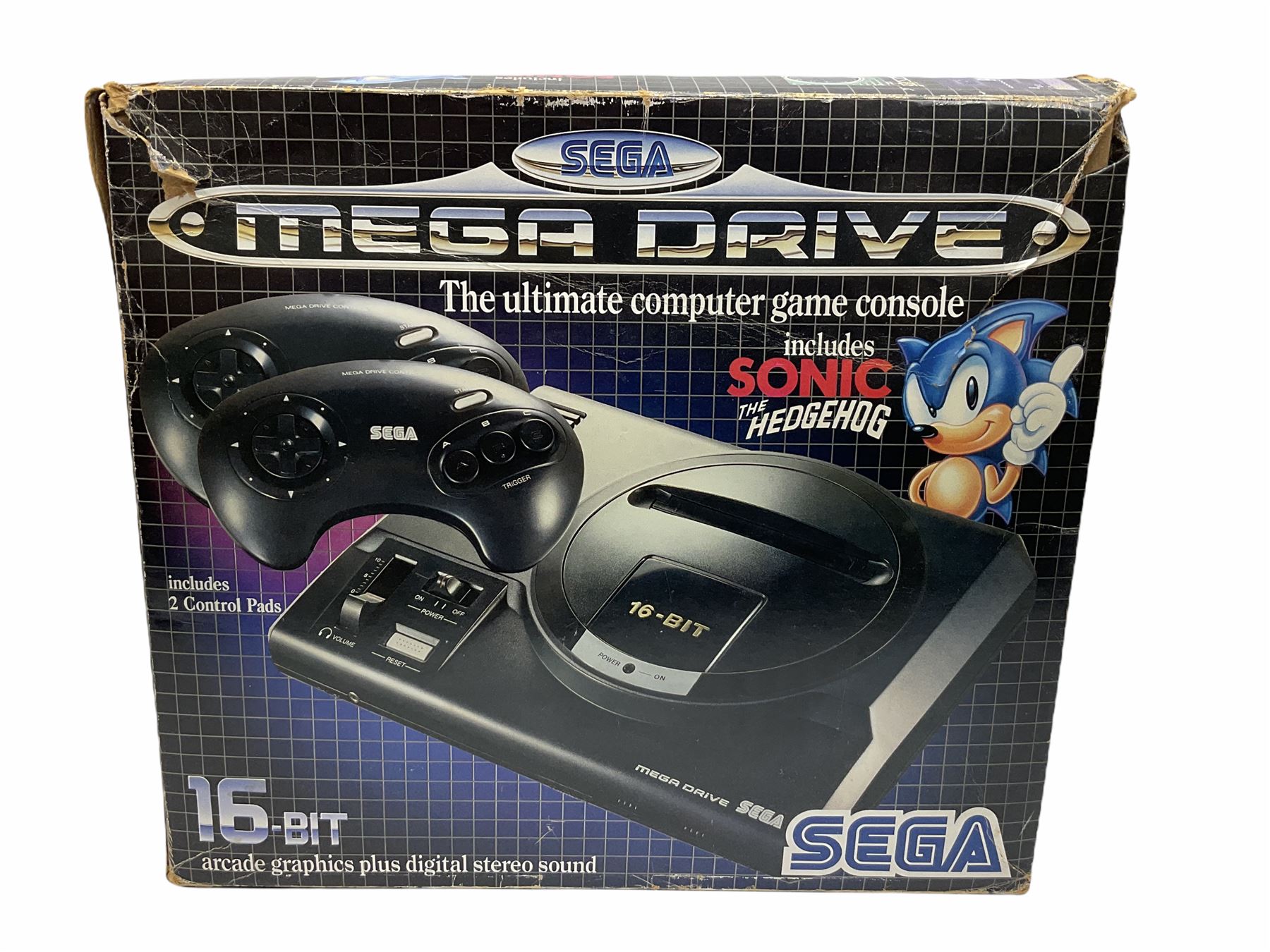 1990s Sega Megadrive 16bit games console with five games comprising Sonic the Hedgehog, Fifa International Soccer, Mickey Mouse Castle of Illusion, MicroMachines 2 Turbo Tournament and 1994 Lillehammer Winter Olympics, boxed with instructions