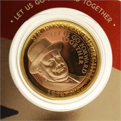 The London Mint Office 'Winston Churchill Inspiration To A Nation', part coin set including Queen Elizabeth II Gibraltar 2015 24 carat gold 3.112 grams ten pound coin etc, in card folder