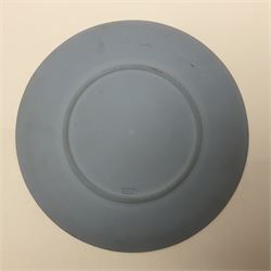 Group of William Wilberforce Abolition of Slavery items, comprising Wedgwood black on cane Jasperware pin tray, Wedgwood light blue Jasperware plate, and two Wedgwood oval medallion pendants, each depicting a kneeling figure beneath the inscription 'AM I NOT A MAN AND A BROTHER?', an Eastgate pottery plaque decorated in relief with a kneeling figure before William Wilberforce, a Hull Museum Publications pamphlet titled 'Medals, Tokens, etc., Issued in Connection with William Wilberforce and the Abolition of Slavery', by Thomas Sheppard, dated 1916, and an antique print depicting William Wilberforce after the original portrait by George Richmond, (7)