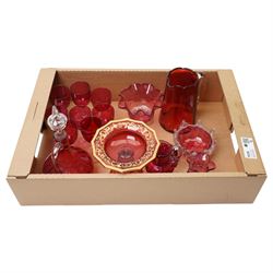 Cranberry glass comport with gilt decoration, various cranberry wine glasses, jug etc