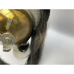 French Model 1913 mounted gendarmerie helmet; brass bodied with nickel mounts, chin strap, comb and horse-hair H27cm (no liner)