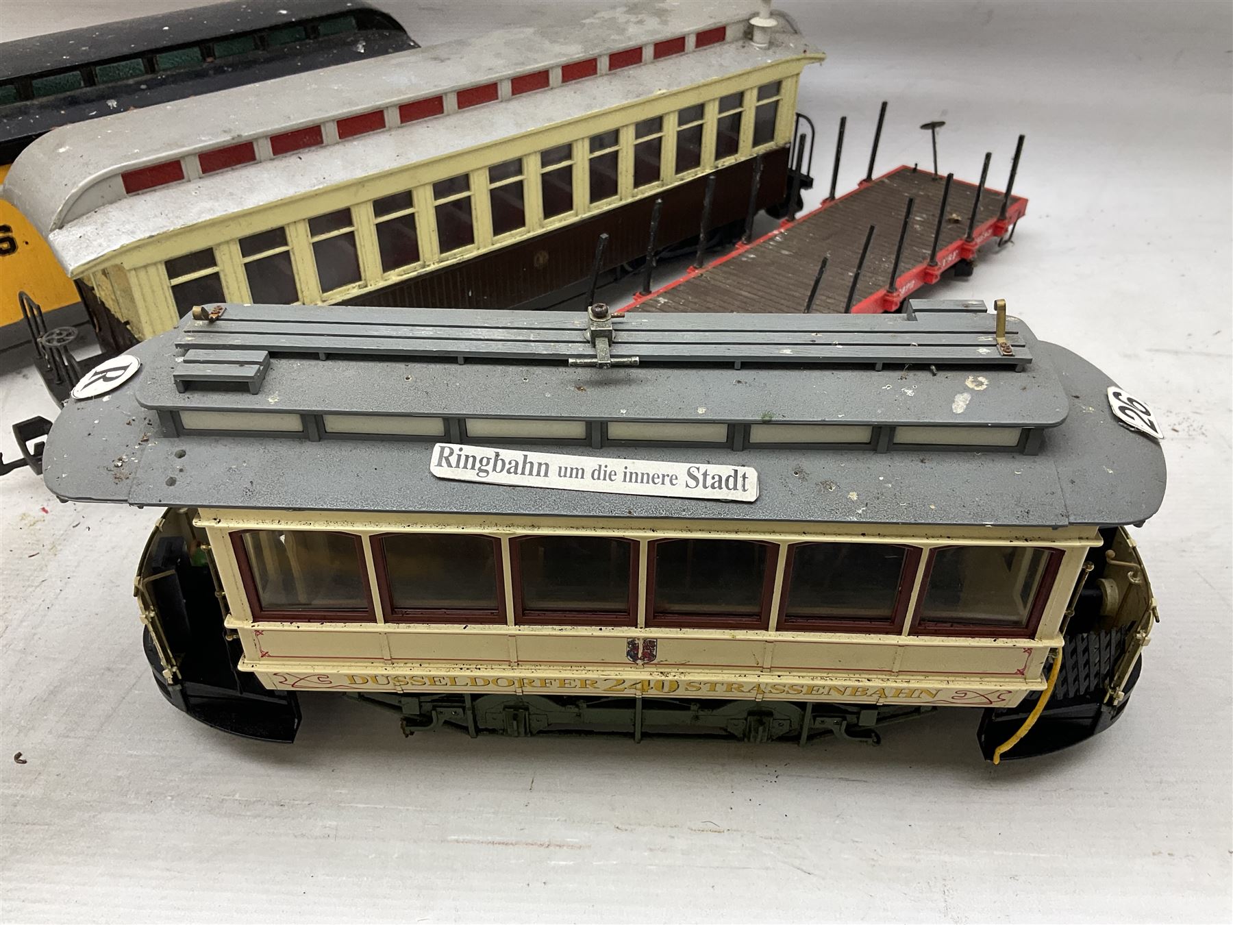 Six Bachmann G scale, gauge 1 rolling stock wagons and carriages, including tram coach, log carrier and tanker, etc, all unboxed 