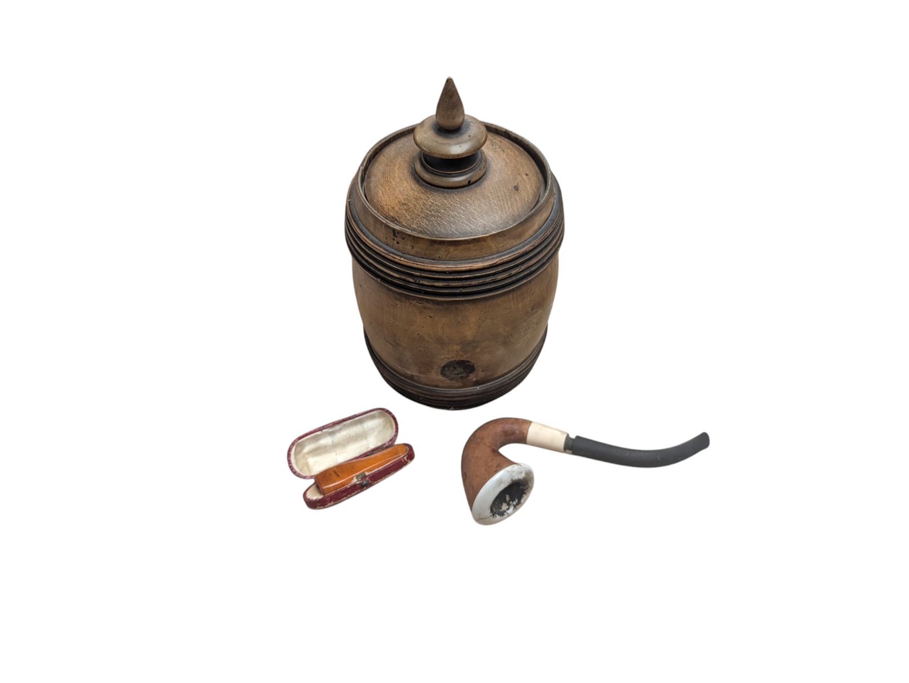 Turned wooden tobacco jar, pipe and an amber cheroot holder, H20cm