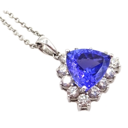  18ct white gold tanzanite and diamond cluster pendant, stamped 750 on platinum chain necklace, stamped 950, tanzanite 2.5 carat, diamonds approx 0.6 carat  