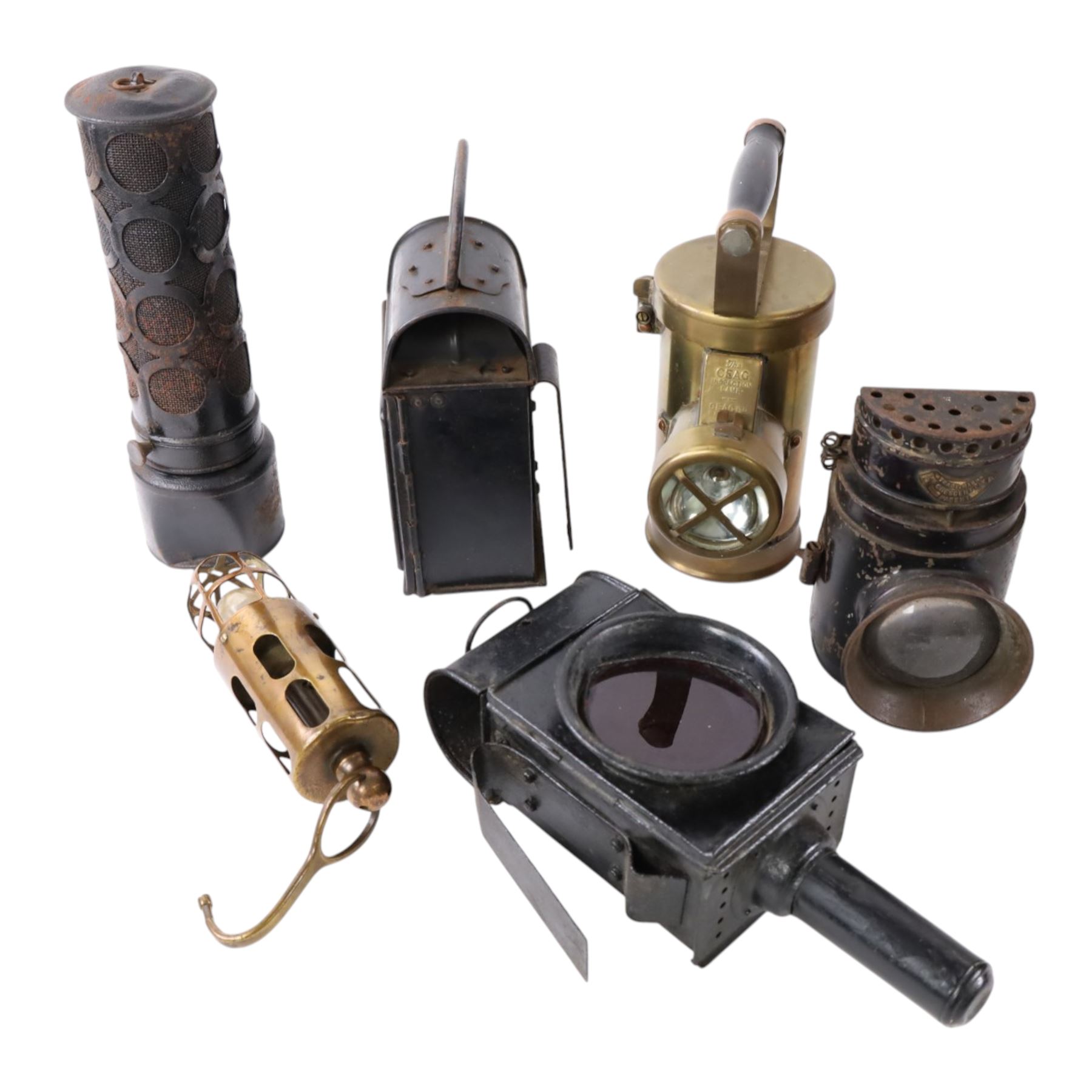 Inspection lamps and similar, including hanging brass engine inspection light, railway signal lollipop lamp, railway lantern, Sentinel paraffin heater, Ceag inspection lamp and a Crescent lamp