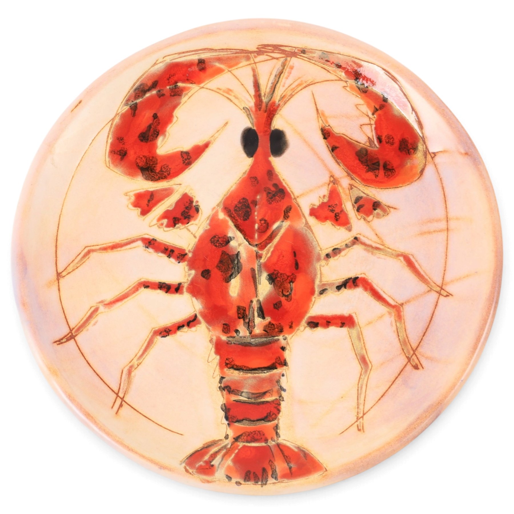 Monique Brunner - earthenware plates, decorated with fish and shellfish, upon a pink and cream ground, signed Vallauris beneath, six D20cm, one D24cm  
