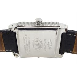 Rotary Revelation reversible night and day gentleman's stainless steel quartz wristwatch, silvered dial with Roman numerals, reversing to a second black dial with baton hour markers, both with subsidiary seconds dials, on original black leather strap, with fold-over clasp, boxed with guarantee dated 2008