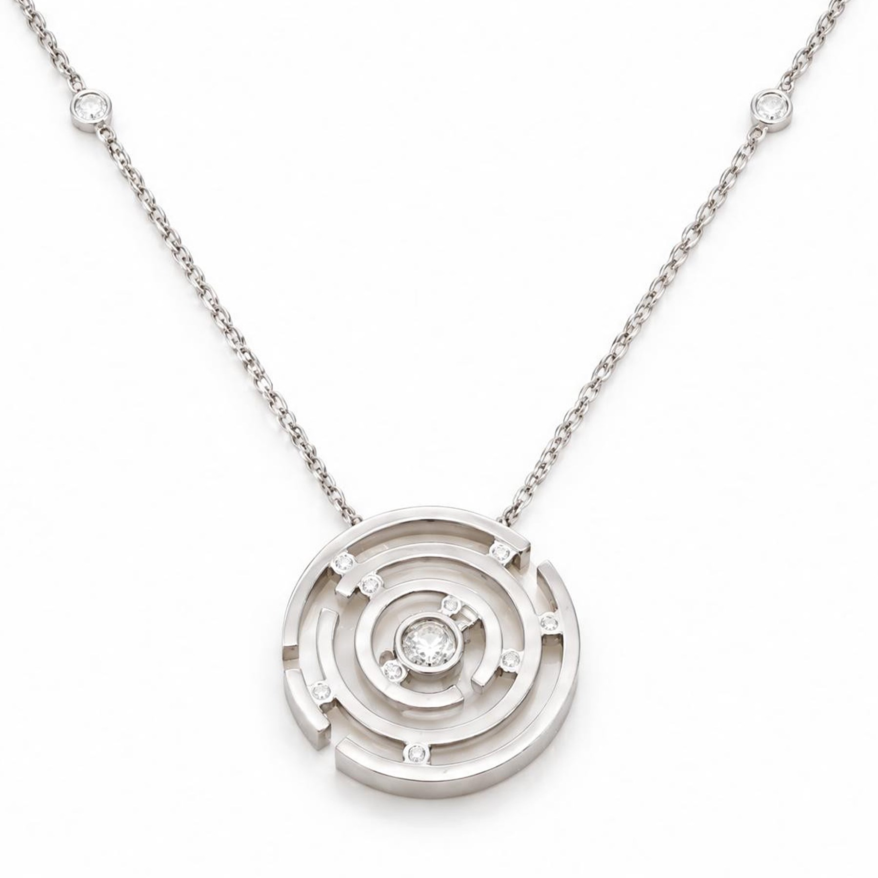 Boodles 18ct white gold Maze pendant necklace, set with ten round brilliant cut diamonds, to a trace link chain necklace set with two further diamonds and diamond set clasp, London 2014, total diamond weight 0.40 carat