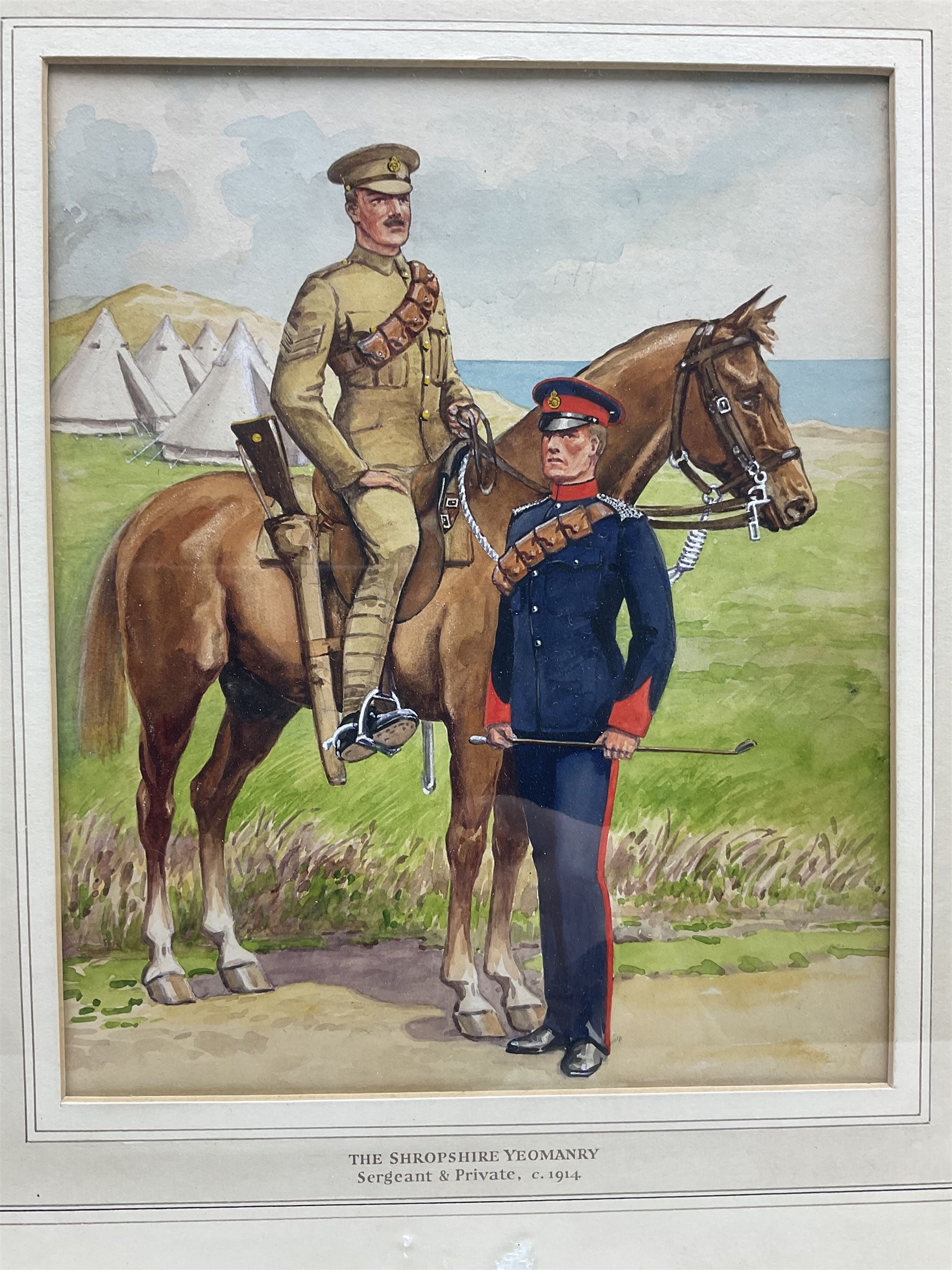 Set of three watercolours of military interest - Northumberland Yeomanry Hussars c1910, Shropshire Yeomanry Sergeant and Private c1914 and Essex Yeomanry c1914, each titled on mount 26 x 22cm, mahogany stained frames (3)