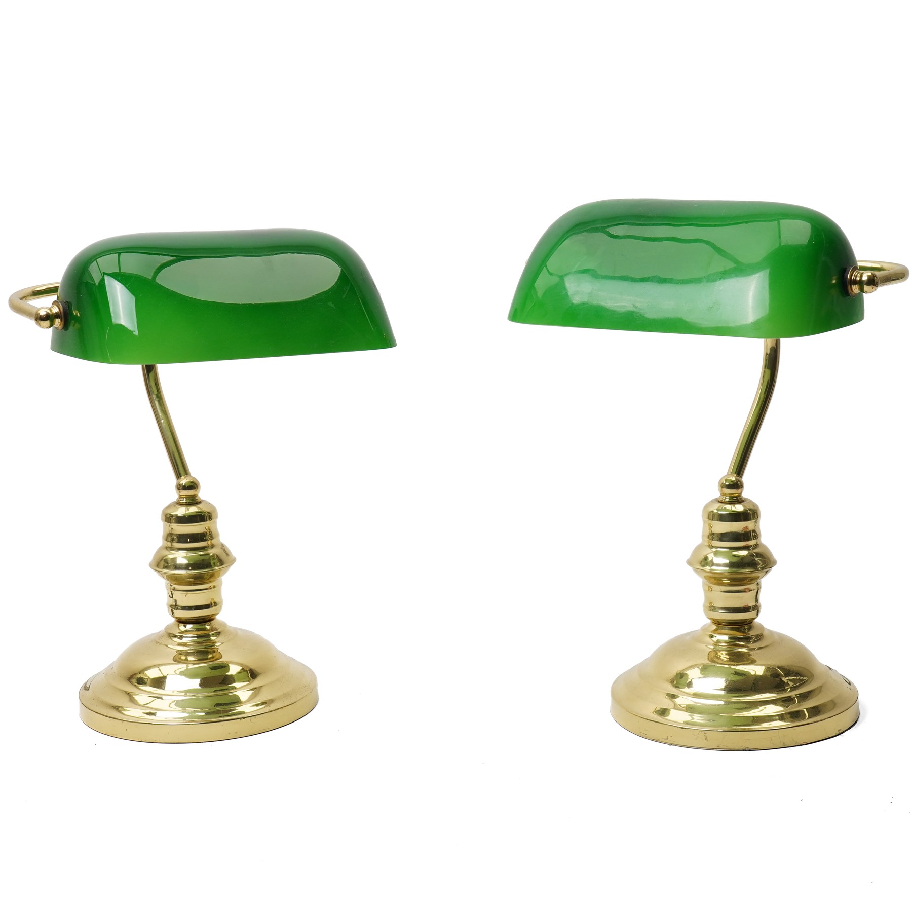 Two brass bankers style table lamps with green glass shades, H36cm (2)