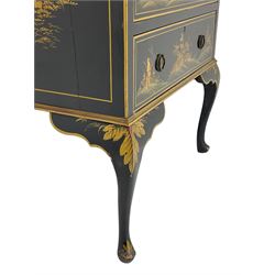Early 20th century Chinoiserie lacquered bureau, raised gilt decoration, fall front enclosing divisions and drawer, three graduating long drawers, on cabriole supports