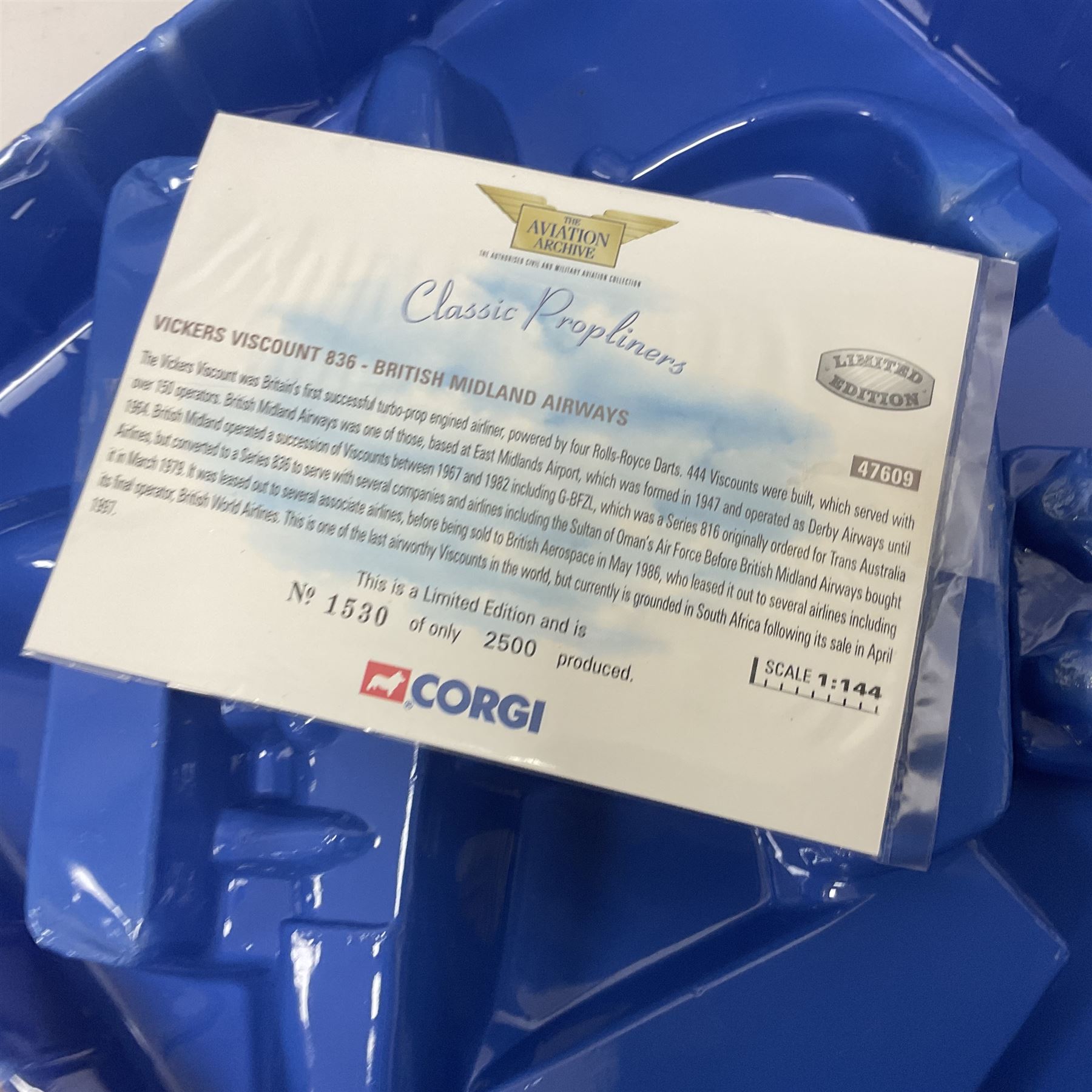 Corgi - Aviation Archive, eleven ‘Classic Propliners’ 1:144 scale models comprising Vickers Viscount models; 47601 700 Series British European Airways; 47602 Parcelforce; 47603 Continental Airlines; 47604 800 Series Lufthansa; 47605 700 Series British Eagle no.391/2900; 47606 806 Virgin Atlantic Airways; 47607 802 British European Airways; 47608 806 British Airways no.985/3000; 47609 836 British Midland Airways no.1530/2500; AA30501 800 Aer Lingus no.651/2100; AA30503 800 British Air Ferries no. 1131/2100; all boxed (11) 