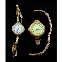 Visible 9ct gold ladies manual wind and a rose gold manual wind wristwatch with a silver-gilt expanding strap