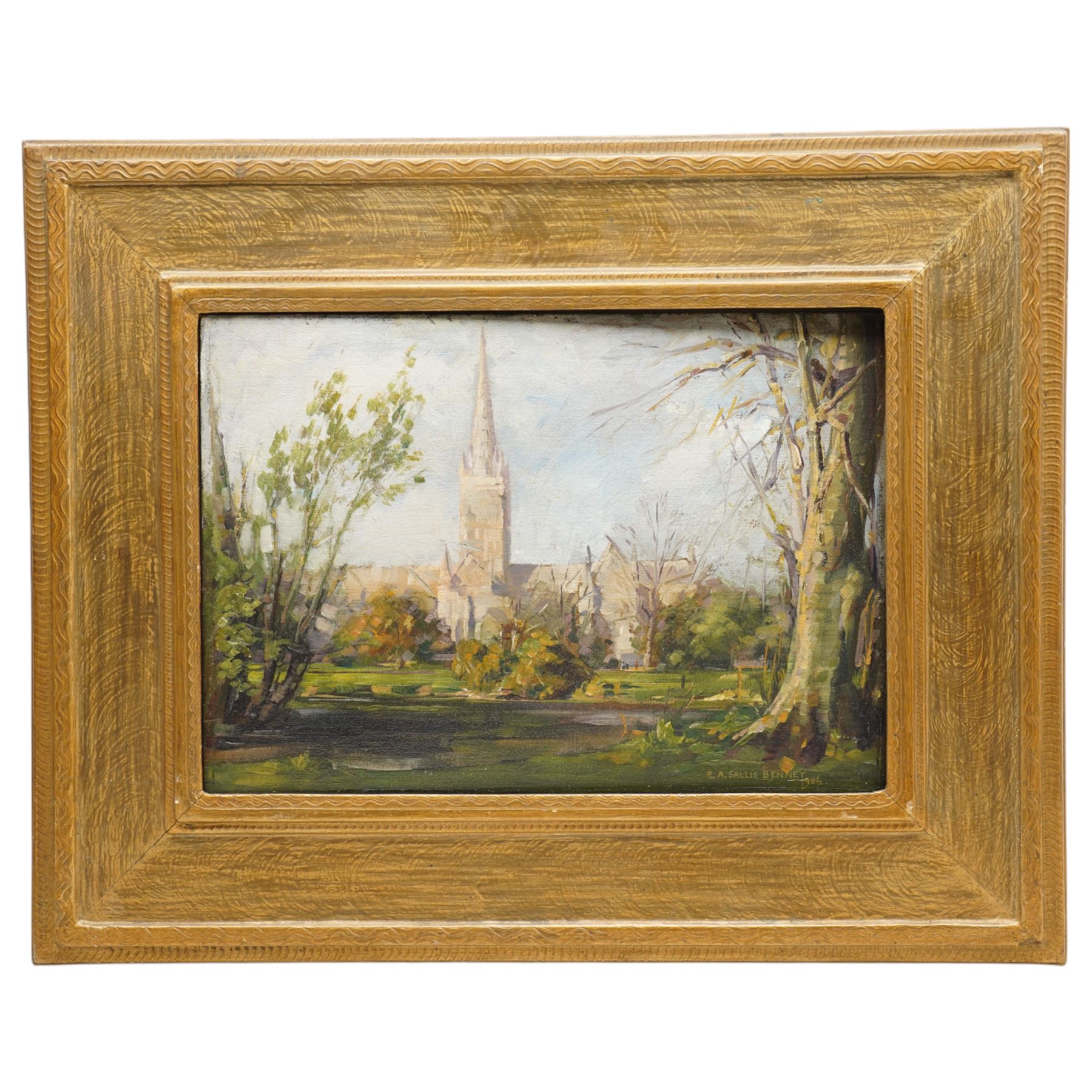 Ernest Alfred Sallis Benney (British 1894-1966): 'Salisbury Cathedral', oil on board signed and dated 1924, inscribed verso 25cm x 35cm