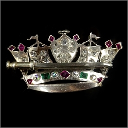  White gold naval crown brooch set with diamonds, emeralds and rubies  