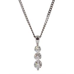 18ct white gold three stone graduating round brilliant cut diamond pendant, on a 9ct white gold necklace chain, both hallmarked, total diamond weight approx 0.80 carat