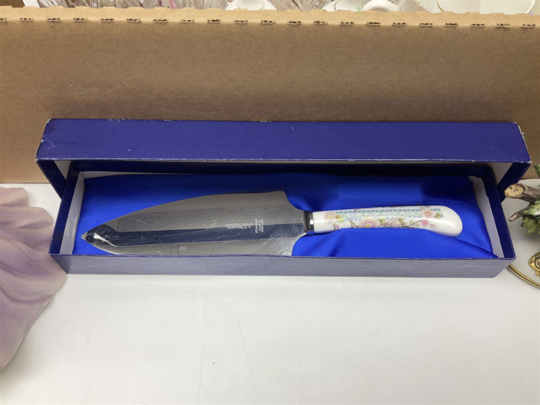 Murano glassware; Coalport and other figures; cut glassware including two decanter sets; drinking glasses; small collection of table bells; royalty commemorativeware etc