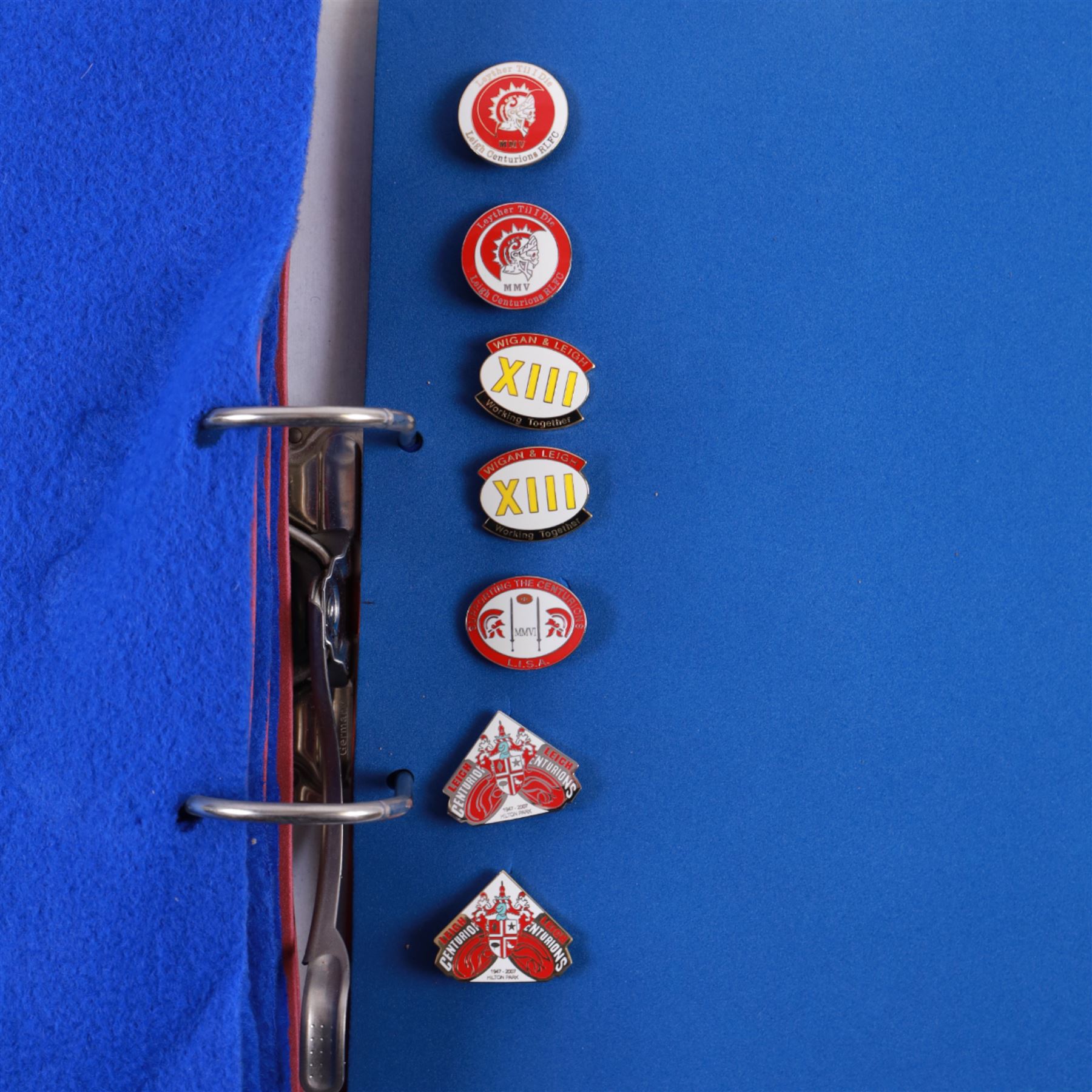 Rugby league enamel badge collection, from clubs including Leeds Rhinos, Lancashire Lynx, Leigh Centurions, London Broncos, Trafford Borough,Toulouse,  Belle Vue Rangers, Carlisle, Nottingham City Outlaws, housed in two folders, (approximately 280)