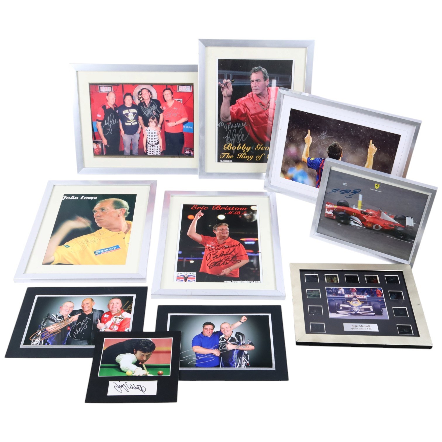 Collection of signed sporting photographs, including Jimmy White, Phil Taylor, Bobby George, Eric Bristow, John Lowe, mostly dedicated, together with spurious signatures of Michael Schumacher and of Lionel Messi