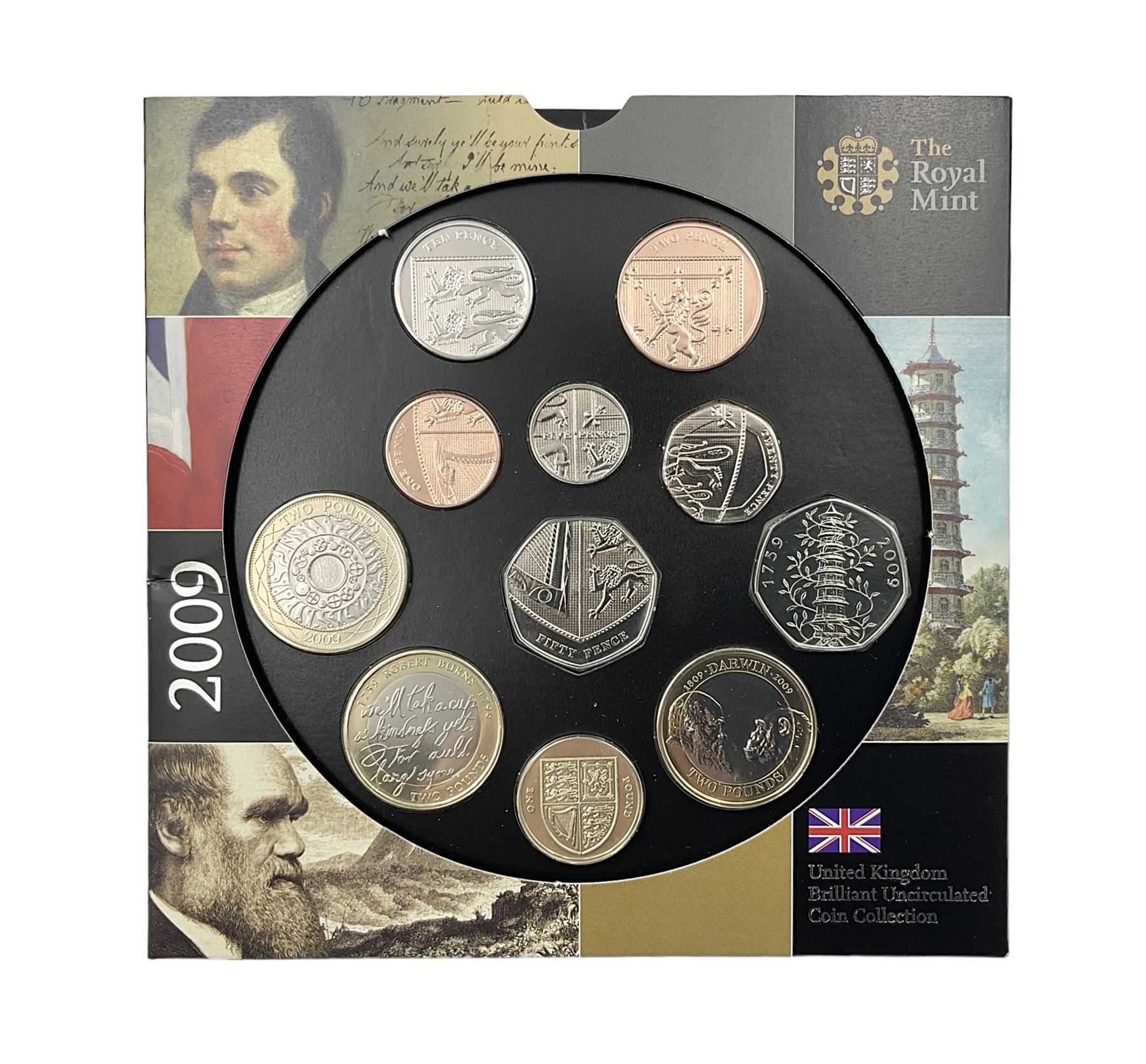 The Royal Mint United Kingdom 2009 brilliant uncirculated coin collection, including Kew Gardens fifty pence, in card folder