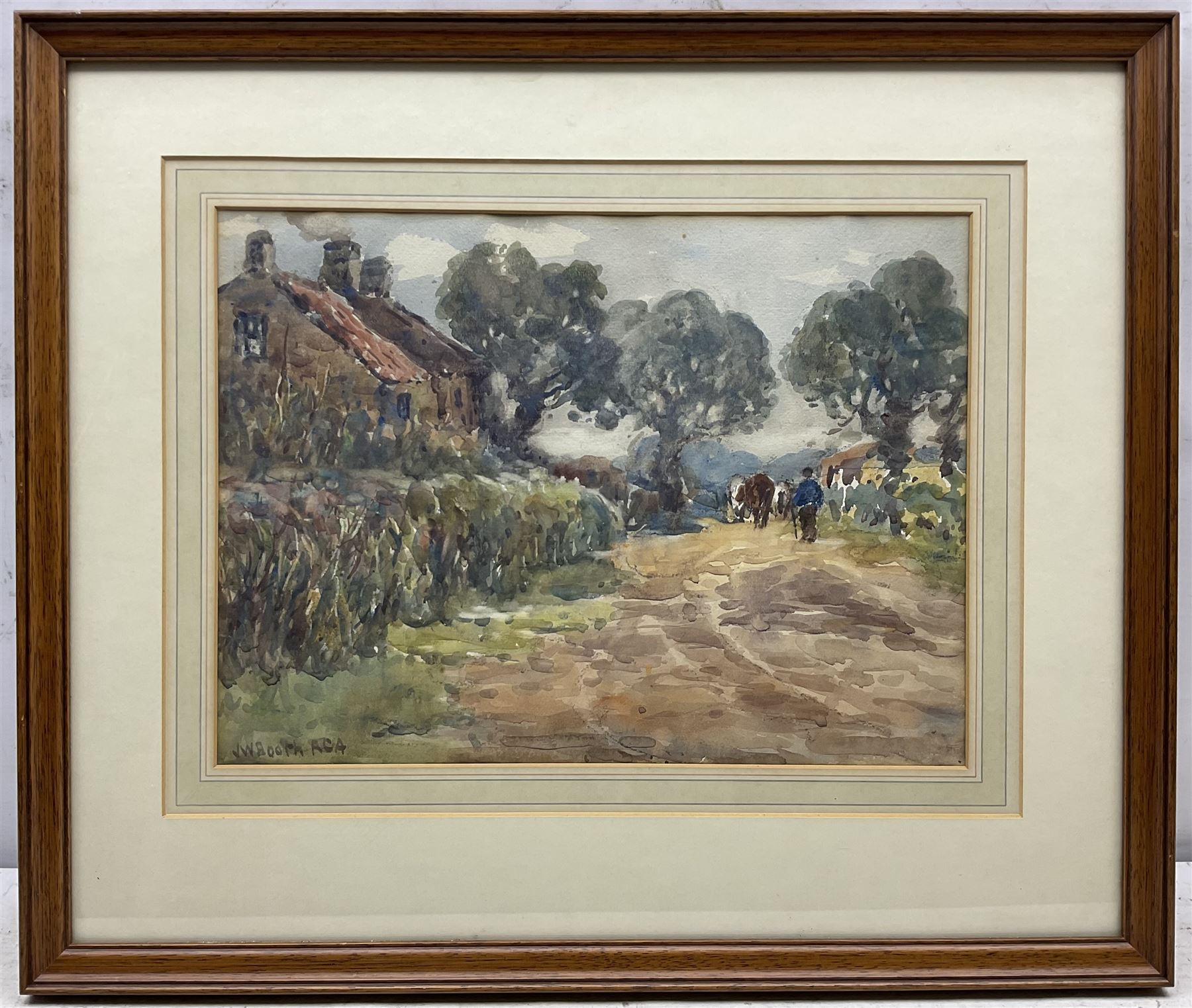James William Booth (Staithes Group 1867-1953): Driving Cattle down a Country Lane, watercolour signed 28cm x 37cm