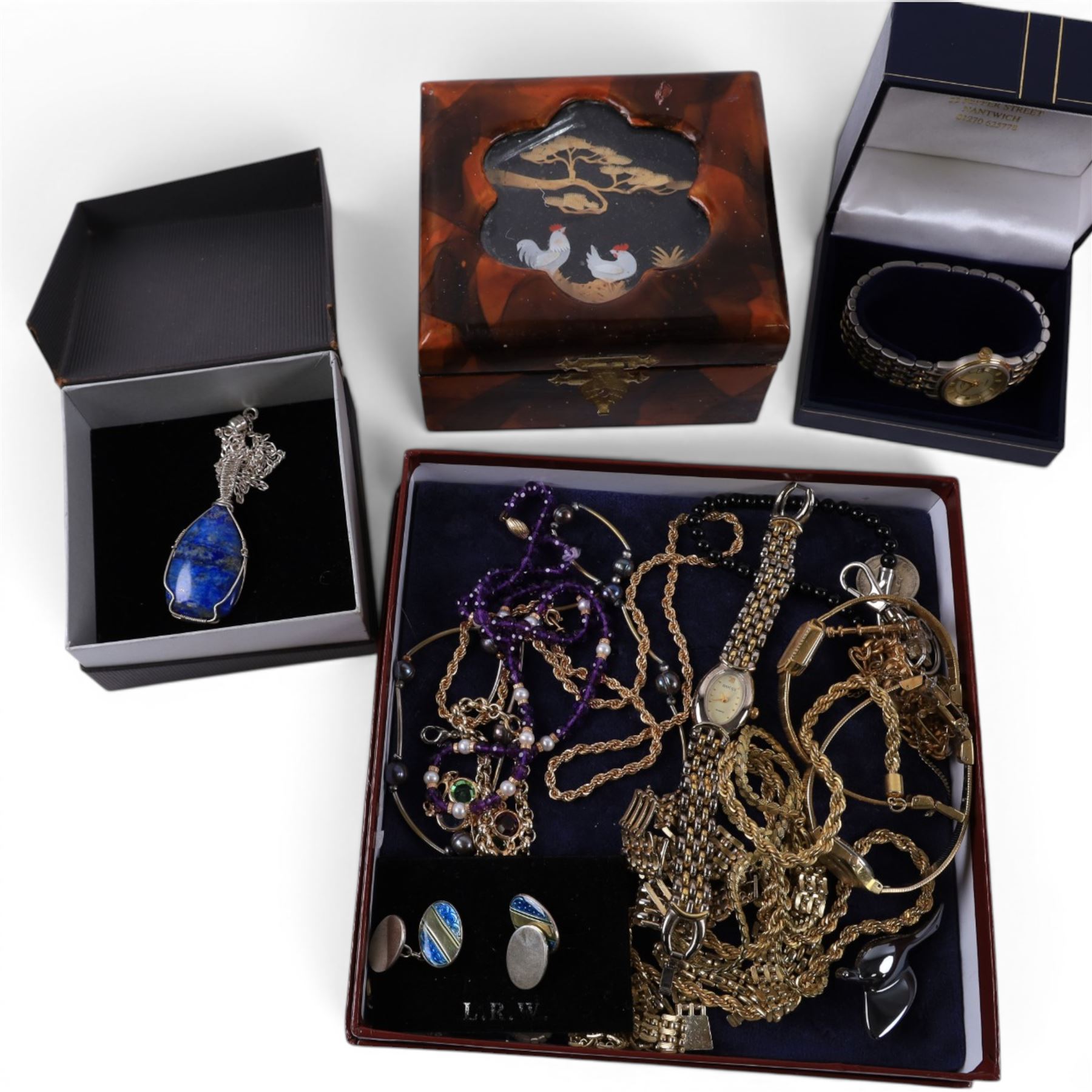 Faceted glass bead and faux pearl necklace with 9ct gold clasp, stamped 375, pair of silver enamel cufflinks and a collection of costume jewellery including rings chains, Rotary wristwatch, jewellery boxes etc