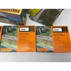'N' gauge trackside accessories - seven Faller buildings and bridges etc Nos.N212113, N222121, N222583, N222174, N222128, Z282730 & Z282707; two others by Vollmer Nos.N7657 & N7724; four boxes of Gaugemaster Ballasted Underlay; grit and Foliage Clusters