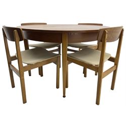 G-Plan - mid-20th century teak extending circular dining table, with concealed additional leaf (W114cm, H72cm); and a set of four mid-20th century teak dining chairs, seat upholstered in beige fabric