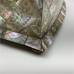 Victorian mother of pearl tea caddy, of rectangular bow-fronted form, the body with floral, bird and geometric engraved mother of pearl panels, white metal shield plaque to the cover inscribed with the initials G.J.A and similar escutcheon, the two division interior with ivory edging and two panelled mother of pearl lids, on four vegetable ivory bun feet L20cm, together with a similar style mother of pearl card case (2) This item has been registered for sale under Section 10 of the APHA Ivory Act