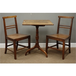  Pair of 19th century oak and elm Country made dining chairs with solid seats on square supports H86cm and a similar tripod table with rectangular snap top, W62cm, H76, (3)  