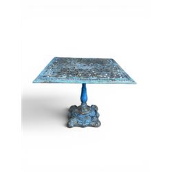 Victorian revival ornate cast iron garden table, pierced square top, pedestal base, finished in distressed blue paint