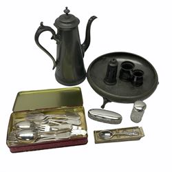Five pieces of pewterware, to include teapot, and footed dish with planished finish, together with two silver topped glass jars, with hobnail and octagonal cut decoration, hallmarked for London, boxed George VI coronation spoon, etc.