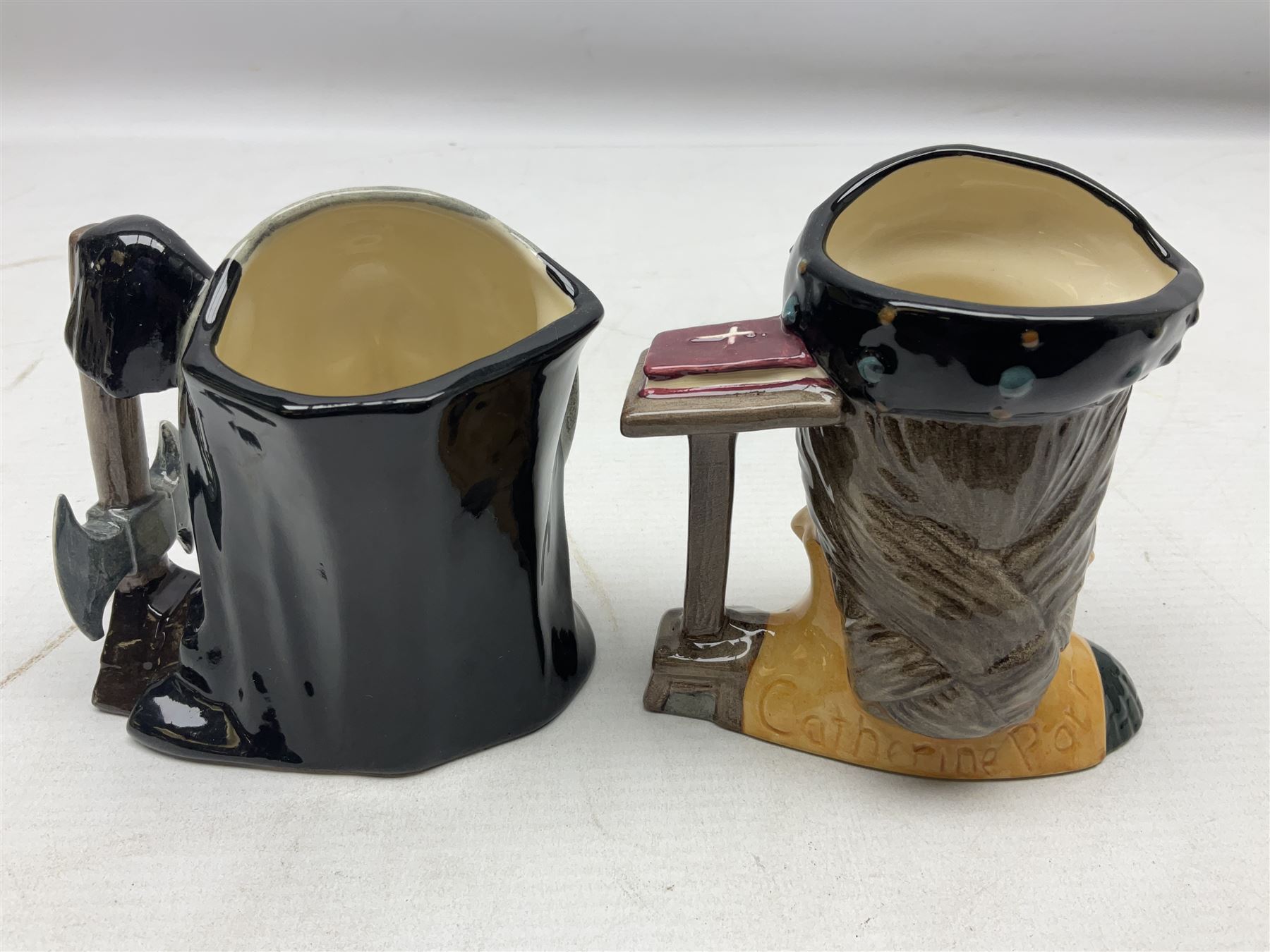 Royal Doulton Henry VIII and his Six Wives Character Jugs, comprising of Henry VIII D6647, Catherine of Aragon D6657, Anne Boleyn D6650, Jane Seymour D6746, Anne of Cleves D6753, Catherine Howard D6692 and Catherine Parr D6751, tallest H10cm