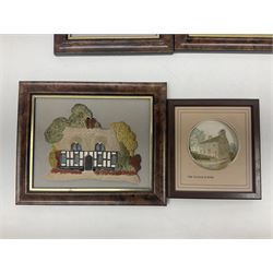 Nine Lilliput Lane framed wall plaques, including Fell View, Battleview, Catslide Cottage, Ashdown Hall and Shannon's Bank, together with three smaller circular framed Lilliput Lane plaques